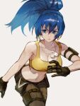  1girl bangs bare_shoulders black_gloves blue_eyes blue_hair breasts camouflage camouflage_pants earrings gloves highres jewelry leona_heidern military navel oni_gini pants ponytail tank_top the_king_of_fighters the_king_of_fighters_xv yellow_tank_top 