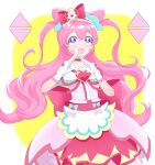  1girl :d blue_tanaka blush choker commentary_request cure_precious delicious_party_precure earrings eyelashes hair_ornament hair_ribbon happy highres jewelry long_hair magical_girl nagomi_yui pink_choker pink_hair pink_theme precure purple_eyes ribbon simple_background sketch smile solo 
