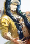  1boy facial_hair fur-trimmed_jacket fur_trim hand_up hat holding holding_sword holding_weapon jacket male_focus one_piece open_clothes open_jacket pectoral_cleavage pectorals rock santa65 sheath sheathed smile solo sword tattoo trafalgar_law weapon 