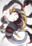  blurry commentary_request eye_trail giratina giratina_(origin) glowing glowing_eyes grey_background highres misaki_suzukaze no_humans pokemon pokemon_(creature) red_eyes solo spikes 