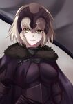  1girl armor armored_dress banner black_ribbon blonde_hair blue_eyes braid eyebrows_visible_through_hair fate/apocrypha fate/grand_order fate_(series) gauntlets highres jeanne_d&#039;arc_(fate) jeanne_d&#039;arc_(fate)_(all) long_hair low-tied_long_hair midomine ponytail purple_legwear ribbon ruler_(fate/apocrypha) sheath sheathed single_braid smile solo standing sword thigh-highs very_long_hair weapon 