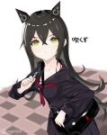  1girl bag bangs black_hair checkered_floor closed_mouth eyebrows_visible_through_hair feet_out_of_frame girls_frontline hair_ornament holding holding_bag ingerdoll judge_(girls&#039;_frontline) long_hair looking_at_viewer sangvis_ferri school_bag school_uniform simple_background solo standing twitter_username yellow_eyes 