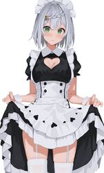  1girl absurdres apron bangs black_dress blush braid braided_bangs breasts clothes_lift curtsey dress dress_lift genshin_impact green_eyes grey_hair highres large_breasts looking_at_viewer maid_headdress noelle_(genshin_impact) puffy_short_sleeves puffy_sleeves short_hair short_sleeves thigh-highs thighs white_apron white_legwear xkirara39x 