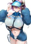  1girl absurdres animal_ears arknights bangs bare_shoulders blue_headwear blue_jacket blue_nails blush bottle breasts closed_mouth covered_collarbone cow_ears cow_girl cow_horns cow_tail cowboy_shot crop_top eyebrows_visible_through_hair hand_on_headwear highres horns huge_breasts jacket kajuu long_sleeves looking_at_viewer nail_polish navel off_shoulder official_alternate_costume open_clothes open_jacket puffy_long_sleeves puffy_sleeves sideroca_(arknights) sideroca_(light_breeze)_(arknights) simple_background smile solo stomach tail v-shaped_eyebrows visor_cap white_background yellow_eyes 