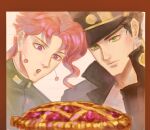  2boys black_hair earrings food gakuran green_eyes hat jewelry jojo_no_kimyou_na_bouken kakyoin_noriaki kankito kujo_jotaro lapel male_focus multiple_boys open_collar pie redhead school_uniform stardust_crusaders violet_eyes 