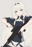  1girl an-94 an-94_(girls&#039;_frontline) aqua_eyes assault_rifle bangs blonde_hair closed_mouth eyebrows_visible_through_hair girls_frontline gun hairband handgun holding holding_gun holding_weapon ingerdoll long_hair looking_at_viewer pistol rifle simple_background solo tactical_clothes twitter_username upper_body weapon 