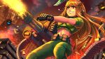  1girl ammunition_belt armor belt_pouch black_gloves blonde_hair cacodemon cosplay doom_(series) doomguy doomguy_(cosplay) firing gatling_gun gloves green_pants grin hair_ornament hairclip highres long_hair looking_away lost_soul_(doom) making-of_available midriff minigun muzzle_flash navel nijisanji pain_elemental pants pointy_ears pomu_rainpuff pouch red_eyes shell_casing smile solo substance20 teeth very_long_hair virtual_youtuber 