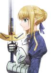  1girl ahoge artoria_pendragon_(all) blonde_hair blue_ribbon breasts cleavage_cutout clothing_cutout excalibur_(fate/stay_night) fate/grand_order fate/stay_night fate_(series) green_eyes hair_bun hair_ribbon holding holding_weapon juliet_sleeves long_sleeves medium_breasts puffy_sleeves ribbon saber solo sword weapon yana497 
