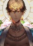  1boy bangs bare_pectorals brown_hair earrings egyptian egyptian_clothes fate/grand_order fate_(series) jewelry looking_at_viewer male_focus necklace ozymandias_(fate) pectorals sakura_hitsuji short_hair signature solo upper_body yellow_eyes 