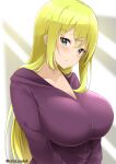  1girl bangs blonde_hair blush breasts collarbone green_eyes hair_ornament hairclip highres hood hooded_sweater jampen large_breasts long_hair long_sleeves looking_at_viewer open_mouth original purple_sweater sidelocks solo sweater 
