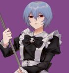  1girl absurdres alternate_costume ayanami_rei bangs black_bow black_bowtie black_shirt blue_hair bow bowtie broom closed_mouth crimsonknigh_t enmaided eyebrows_visible_through_hair frilled_sleeves frills frown hair_between_eyes highres holding holding_broom long_sleeves looking_at_viewer maid neon_genesis_evangelion purple_background red_eyes shiny shiny_hair shirt short_hair simple_background solo upper_body 