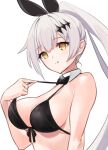  1girl animal_ears bangs bikini bikini_top_only black_bikini black_bow black_bowtie bow bowtie breasts closed_mouth crescent crescent_earrings earrings eyebrows_visible_through_hair fake_animal_ears five-seven_(cruise_queen)_(girls&#039;_frontline) five-seven_(girls&#039;_frontline) girls_frontline hair_ornament hairclip ingerdoll jewelry large_breasts licking_lips light_brown_eyes long_hair looking_at_viewer rabbit_ears sideboob silver_hair solo strap_pull swimsuit tongue tongue_out upper_body white_background 
