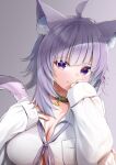  1girl absurdres ahoge animal_collar animal_ear_fluff animal_ears bangs black_collar blush breasts cat_ears cat_girl cat_tail closed_mouth collar eyebrows_visible_through_hair hands_up highres hololive large_breasts looking_at_viewer medium_hair nekomata_okayu purple_hair shirt simple_background sleeves_past_wrists smile solo tail tail_raised uetaku upper_body violet_eyes virtual_youtuber white_shirt 