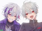  2boys absurdres blush fangs fuwa_minato highres kuzuha_(nijisanji) multicolored_hair multiple_boys nijisanji pale_skin pink_hair pointy_ears purple_hair red_eyes umisaka_ao vampire violet_eyes virtual_youtuber white_hair 