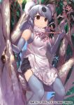  1girl animal_ears apron bare_shoulders brown_eyes commentary_request elbow_gloves fur_collar gloves grey_gloves grey_hair grey_legwear in_tree kemono_friends kemono_friends_3 koala_(kemono_friends) looking_away official_art sitting sitting_in_tree smile solo tadano_magu thigh-highs tree white_apron 