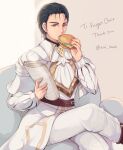  1boy absurdres alternate_costume artist_name ascot black_hair burger commission commissioner_upload eiri_illust fire_emblem fire_emblem:_thracia_776 fire_emblem_heroes food highres holding holding_food newspaper reinhardt_(fire_emblem) sitting skeb_commission solo twitter_username watermark 