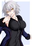  1girl ahoge bangs blush breasts closed_mouth coat crossed_arms facing_viewer fate/grand_order fate_(series) fur-trimmed_coat fur_trim hair_between_eyes highres jacket jeanne_d&#039;arc_(alter)_(fate) jeanne_d&#039;arc_(fate)_(all) jewelry large_breasts long_sleeves looking_at_viewer necklace pout shirt short_hair silver_hair solo wicked_dragon_witch_ver._shinjuku_1999 yellow_eyes yuusaku_(pixiv4367059) 