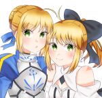  1girl 2girls ahoge amagi429114 armor armored_dress artoria_pendragon_(all) black_bow blonde_hair blue_ribbon blue_sky bow breastplate breasts cleavage_cutout clothing_cutout dress dual_persona eyebrows_visible_through_hair fate/grand_order fate/stay_night fate/unlimited_codes fate_(series) faulds floating_hair gauntlets gloves green_eyes hair_between_eyes hair_bow hair_bun hair_ribbon hands_on_hilt highres juliet_sleeves long_hair long_sleeves looking_at_viewer medium_breasts multiple_girls nekodaruma_new outdoors petals ponytail puffy_sleeves ribbon saber saber_lily signature sleeveless sleeveless_dress smile standing white_dress white_gloves 