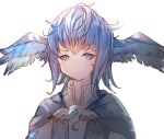  1girl bangs blue_eyes blue_hair blue_wings closed_mouth commentary_request eyebrows_visible_through_hair feathered_wings final_fantasy final_fantasy_xiv head_wings looking_at_viewer meteion shirt simple_background solo tota_(sizukurubiks) upper_body white_background white_shirt wings 