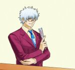  1boy ace_attorney alternate_costume bangs blue_necktie breast_pocket brown_eyes chinese_commentary closed_mouth collared_shirt commentary_request crossed_arms eyebrows_visible_through_hair folding_fan formal gintama glasses godzillapigeon1 hair_between_eyes hand_fan happy holding holding_fan jacket long_sleeves male_focus necktie pocket red-framed_eyewear red_jacket sakata_gintoki semi-rimless_eyewear shirt short_hair simple_background smile solo suit upper_body v-shaped_eyebrows white_hair yellow_background yellow_shirt 