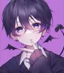  1boy absurdres black_hair collared_shirt demon demon_boy demon_tail demon_wings ear_piercing fang finger_to_mouth highres long_sleeves mole mole_under_eye original pale_skin piercing purple_hair shirt tail tail_ornament tail_piercing violet_eyes wako_morino wings 