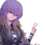  1girl 33_gaff absurdres bangs brown_hair closed_eyes closed_mouth cross-laced_clothes eyebrows_visible_through_hair facing_viewer highres hijiri_byakuren long_sleeves multicolored_hair purple_hair simple_background smile solo touhou two-tone_hair upper_body v white_background 