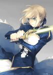  1girl ahoge artoria_pendragon_(all) artoria_pendragon_(fate) blonde_hair blue_ribbon breasts cleavage_cutout clothing_cutout excalibur_(fate/stay_night) fate/grand_order fate/stay_night fate_(series) green_eyes hair_bun hair_ribbon holding holding_weapon juliet_sleeves long_sleeves medium_breasts puffy_sleeves ribbon saber skyfly17 solo sword weapon 