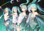  4girls bangs bare_shoulders black_skirt black_sleeves blush breasts collared_shirt eyebrows_visible_through_hair gradient gradient_background green_eyes green_hair grey_background grey_shirt hair_between_eyes hatsune_miku long_hair looking_at_viewer multiple_persona parted_lips pleated_skirt shirt skirt sleeveless sleeveless_shirt small_breasts tie_clip twintails very_long_hair vocaloid white_background yasato_7plus 