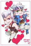  2boys anzumame battle_tendency blowing_kiss blue_eyes blue_jacket caesar_anthonio_zeppeli chibi earrings feather_hair_ornament feathers fingerless_gloves gloves green_eyes grey_hair hair_ornament headband heart jacket jean_pierre_polnareff jewelry jojo_no_kimyou_na_bouken knee_pads male_focus multiple_boys one_eye_closed pink_scarf scarf silver_hair stardust_crusaders time_paradox trait_connection triangle_print violet_eyes 