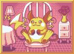  :3 border chair closed_mouth english_commentary flower full_body indoors lamp lightning_bolt_symbol looking_at_viewer no_humans pixel_art plant pokemon pokemon_(creature) potted_plant raichu sitting smile solo table tail the_fry_bat yellow_border 