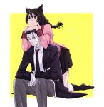  1boy 1girl animal_ears black_eyes black_hair black_skirt cat_ears eyebrows_visible_through_hair glasses gloves grey_pants hair_ornament hair_slicked_back hair_strand hairclip hairpin hands_on_another&#039;s_head hanekawa_tsubasa highres kaiki_deishuu long_coat long_hair long_sleeves looking_up monogatari_(series) naoetsu_high_school_uniform no_shoes okkrslk pants pink_shirt ponytail puffy_long_sleeves puffy_sleeves red_eyes school_uniform shirt skirt thigh-highs trench_coat white_gloves 