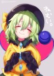  1girl ^_^ blush closed_eyes eyeball green_hair grey_background hat hat_ribbon head_tilt highres komeiji_koishi kyouda_suzuka long_sleeves ribbon shirt short_hair simple_background sleeves_past_wrists smile solo string third_eye touhou translated twitter_username upper_body wide_sleeves 