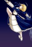  1girl ahoge artoria_pendragon_(all) blonde_hair blue_ribbon breasts cleavage_cutout clothing_cutout excalibur_(fate/stay_night) fate/grand_order fate/stay_night fate_(series) green_eyes hair_bun hair_ribbon holding holding_weapon juliet_sleeves long_sleeves medium_breasts puffy_sleeves ribbon saber solo sumi_(pixiv1016726) sword weapon 