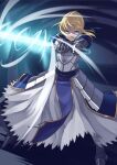  1girl ahoge artoria_pendragon_(all) artoria_pendragon_(fate) blonde_hair blue_ribbon breasts cleavage_cutout clothing_cutout excalibur_(fate/stay_night) fate/grand_order fate/stay_night fate_(series) green_eyes hair_bun hair_ribbon holding holding_weapon juliet_sleeves long_sleeves medium_breasts mof_swimradio puffy_sleeves ribbon saber solo sword weapon 
