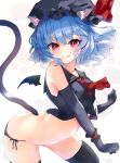  1girl :q alternate_costume animal_ear_fluff animal_ears ascot bad_anatomy bangs bat_wings black_gloves black_headwear black_serafuku blue_hair blush bow breasts bright_pupils cat_ears cat_tail commentary_request ei_tantan elbow_gloves eyelashes feet_out_of_frame frills gloves hat hat_bow highres kemonomimi_mode looking_at_viewer mob_cap navel red_ascot red_bow red_eyes red_ribbon remilia_scarlet ribbon sailor_collar school_uniform serafuku shiny shiny_hair short_hair simple_background slit_pupils small_breasts solo standing stomach tail thigh-highs thighs tongue tongue_out touhou wavy_hair white_background white_pupils wings wrist_cuffs 