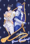  2boys bangs black_hair blue_eyes blunt_bangs bob_cut bruno_buccellati character_name chest_tattoo cleavage_cutout clothing_cutout fuyuo_(k807120) hair_ornament hairclip happy_birthday highres jojo_no_kimyou_na_bouken male_focus multiple_boys pectoral_cleavage pectorals stand_(jojo) sticky_fingers_(stand) tattoo vento_aureo zipper 