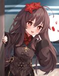  1girl absurdres black_nails blush brown_hair chinese_clothes flower genshin_impact ghost hair_flower hair_ornament highres hu_tao_(genshin_impact) long_sleeves looking_at_viewer nail_polish open_mouth red_eyes smile symbol-shaped_pupils wide_sleeves zehibile 