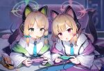  2girls :o aqua_bow aqua_necktie bangs barefoot black_legwear blonde_hair blue_archive blurry blurry_background blush bow breasts cat_ear_headphones cat_tail cellphone commentary controller couch eating eyebrows_visible_through_hair food green_eyes hair_bow halo headphones highres holding holding_controller jacket jehyun long_sleeves looking_at_viewer lying medium_breasts medium_hair midori_(blue_archive) momoi_(blue_archive) multiple_girls necktie no_shoes on_stomach open_mouth panties phone pink_bow playing_games pleated_skirt red_eyes school_uniform shirt shorts siblings skirt small_breasts smartphone sweatdrop tail thigh-highs twins underwear white_shirt 