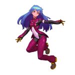  1girl absurdres bangs belt blue_hair bodysuit breasts eyebrows_visible_through_hair full_body gloves highres kula_diamond lawrenceofhong long_hair looking_at_viewer medium_breasts simple_background smile the_king_of_fighters the_king_of_fighters_xv violet_eyes white_background zipper 