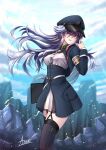  1girl 86_-eightysix- adsouto armband billboard breasts garter_straps grey_eyes grey_hair hat highres long_hair medium_breasts military military_uniform parted_lips peaked_cap rubble signature solo thigh-highs uniform vladilena_millize wind wind_lift 