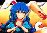  1girl ambiguous_red_liquid animal_ears blue_dress blue_hair dress earclip floppy_ears highres kine mallet mochi qqqrinkappp rabbit_ears rabbit_girl red_eyes seiran_(touhou) solo touhou traditional_media 