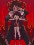  1boy 1girl adventure_time black_hair brown_hair cloak colored_skin crown demon_girl fangs grey_skin hand_on_another&#039;s_head highres looking_at_viewer marceline_abadeer mouth_pull petpetschale47 pointy_ears red_background short_hair simon_petrikov sitting sitting_on_lap sitting_on_person smile throne younger 