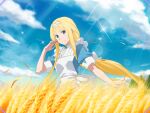  1girl alice_zuberg apron bangs blonde_hair blue_eyes blue_shirt blue_sky closed_mouth clouds day game_cg hairband lens_flare long_hair outdoors ponytail shirt short_sleeves sidelocks sky smile solo sparkle standing sunlight sword_art_online sword_art_online:_alicization_rising_steel very_long_hair wheat_field white_apron white_hairband 