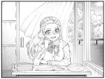  1girl absurdres curtains desk eyebrows greyscale highres indoors long_hair long_sleeves looking_at_viewer mechanical_pencil mole mole_under_mouth monochrome nakachiruno original pencil school_uniform sitting solo wind window 