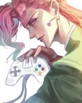  1boy controller earrings gakuran game_console game_controller jewelry jojo_no_kimyou_na_bouken kakyoin_noriaki kankito male_focus pink_hair profile redhead school_uniform solo stardust_crusaders super_nintendo violet_eyes 