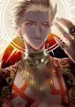  1boy arabian arabian_clothes bare_pectorals blonde_hair earrings fate/grand_order fate_(series) gilgamesh_(fate) jewelry looking_at_viewer male_focus necklace pectorals red_eyes ring sakura_hitsuji short_hair signature smile solo spiky_hair upper_body 