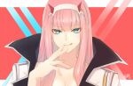  1girl :q aqua_eyes bangs blunt_bangs closed_mouth collarbone darling_in_the_franxx eyebrows_visible_through_hair hairband hiiragi_hekitsuki horns long_hair looking_at_viewer pink_hair portrait shiny shiny_hair smile solo straight_hair tongue tongue_out white_hairband zero_two_(darling_in_the_franxx) 