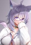  1girl absurdres ahoge animal_collar animal_ear_fluff animal_ears bangs black_collar blush breasts cat_ears cat_girl cat_tail closed_mouth collar eyebrows_visible_through_hair glasses hands_up highres hololive large_breasts looking_at_viewer medium_hair nekomata_okayu purple_hair shirt simple_background sleeves_past_wrists smile solo tail tail_raised uetaku upper_body violet_eyes virtual_youtuber white_shirt 