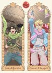  2boys armor battle_tendency blonde_hair blue_eyes blue_jacket bola_(weapon) bomber_hat breastplate brown_hair brown_jacket bubble caesar_anthonio_zeppeli character_name chest_protector crying denim facial_mark fingerless_gloves fuyuo_(k807120) gloves green_eyes headband highres jacket jeans jewelry jojo_no_kimyou_na_bouken joseph_joestar joseph_joestar_(young) male_focus multiple_boys pants pink_scarf ribbon ring ruins scarf shouting striped striped_scarf tears triangle_print 