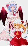  2girls bat_wings blonde_hair blue_hair breasts brooch crystal cup flandre_scarlet hair_between_eyes hat holding holding_cup jewelry light_smile looking_at_viewer medium_breasts mob_cap multiple_girls one_side_up red_eyes remilia_scarlet siblings simple_background sisters teacup touhou violet_eyes white_background wings yagoro_kusuriya 